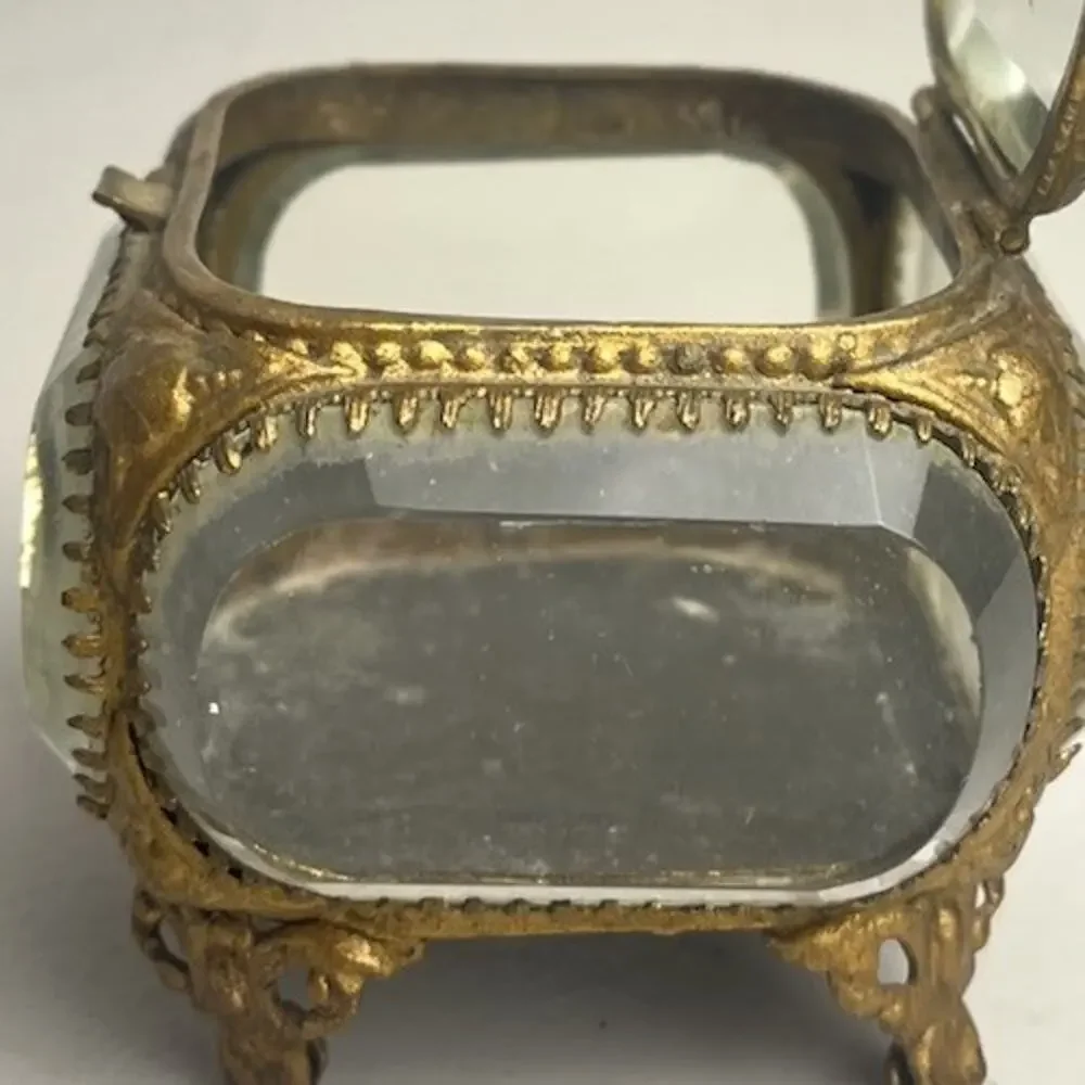 Vintage French Style Ormolu Gold Jewelry Box Casket Beveled Glass Footed Ornate